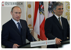Prime Minister Vladimir Putin and Federal Chancellor of the Republic of Austria Werner Fayman at the press conference on the results of their negotiations|24 april, 2010|19:03