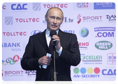 Prime Minister Vladimir Putin at the European Judo Championship, and taking part in the awards ceremony, during his working visit to the Republic of Austria|24 april, 2010|22:49