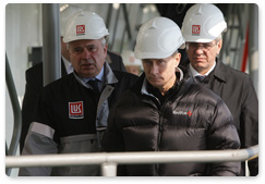 During a visit to Astrakhan, Prime Minister Vladimir Putin officially launches oil production at a fixed LUKoil platform in the Caspian Sea