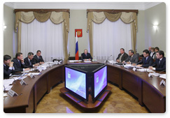 Prime Minister Vladimir Putin chairs a meeting in Astrakhan to discuss the development of oil and gas fields in the Russian sector of the Caspian Sea