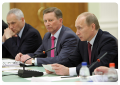 Prime Minister Vladimir Putin and Deputy Prime Minister Sergei Ivanov at a meeting on developing modern small arms and close combat weapons in Izhevsk|25 may, 2010|18:57