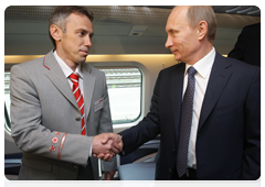 Russian Prime Minister Vladimir Putin and Finnish Prime Minister Matti Vanhanen attend the presentation of the high-speed Allegro train in Finland|27 may, 2010|16:52