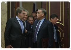 Deputy Prime Minister and Minister of Finance Alexei Kudrin and Russian Railways’ President Vladimir Yakunin at a meeting on price setting and tariff rates|31 may, 2010|15:48