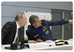 Prime Minister Vladimir Putin and Minister of Civil Defence, Emergencies, and Disaster Relief Sergei Shoigu at a videoconference in the Situations Room of the Ministry of Civil Defence, Emergencies and Disaster Relief to discuss the recent accident at the Raspadskaya coal mine in the Kemerovo Region|9 may, 2010|12:08