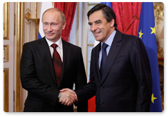 Prime Minister Vladimir Putin meets with French Prime Minister Francois Fillon during his visit to France