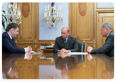 Prime Minister Vladimir Putin at a working meeting with Regional Development Minister Viktor Basargin and Energy Minister Sergei Shmatko|14 june, 2010|14:00