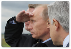 Prime Minister Vladimir Putin observes a test flight of a fifth-generation fighter jet in Zhukovsky, near Moscow