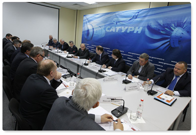 Prime Minister Vladimir Putin chairs a meeting in Rybinsk to discuss the production of next-generation aircraft engines and energy equipment at the Saturn Research & Development Centre