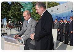 Prime Minister Vladimir Putin and President of the International Olympic Committee (IOC) Jacques Rogge taking part in the foundation stone ceremony for the Russian International Olympic University|7 june, 2010|19:52