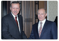 Prime Minister Vladimir Putin, on a visit to Turkey, meets with Turkish Prime Minister Recep Tayyip Erdogan