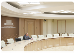 Prime Minister Vladimir Putin holding a conference call on reconstruction work following the accident at the Sayano-Shushenskaya hydropower station|2 august, 2010|14:46