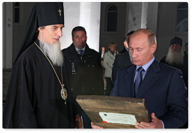 Russian Prime Minister Vladimir Putin visits the Life-giving Holy Trinity Cathedral in Petropavlovsk-Kamchatsky