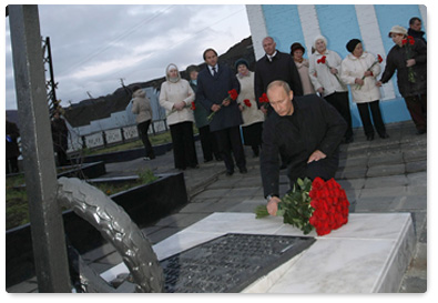 Prime Minister Vladimir Putin visits the Norilsk Golgotha memorial, built to commemorate the memory of those imprisoned in Norillag