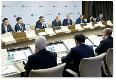 Prime Minister Vladimir Putin chairs a meeting to discuss government regulation of the microelectronics market