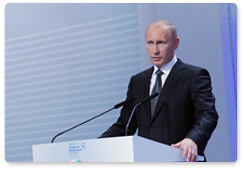 Prime Minister Vladimir Putin speaks at the United Russia conference on the development strategy for the Volga Federal District