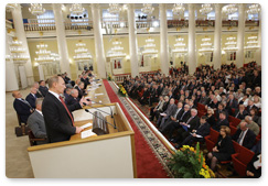 Prime Minister Vladimir Putin addresses a meeting of the General Council of the Federation of Independent Trade Unions of Russia