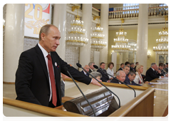 Prime Minister Vladimir Putin giving a speech at the General Council meeting of the Federation of Independent Trade Unions of Russia|18 september, 2010|15:16