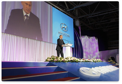 Prime Minister Vladimir Putin attends the opening ceremony for a full-cycle plant of Hyundai Motor Manufacturing Rus during his visit to St Petersburg