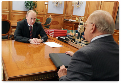 Prime Minister Vladimir Putin holds a meeting with the rector of Moscow State University, Viktor Sadovnichy