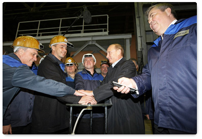 Prime Minister Vladimir Putin takes part in the launching of a new electric steel-making facility at Izhstal plant