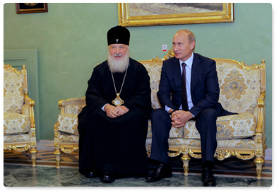Prime Minister Vladimir Putin meets with Patriarch Kirill of Moscow and All Russia at the patriarchal residence in Peredelkino outside Moscow