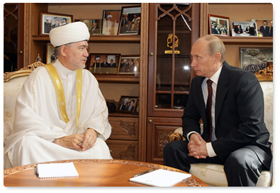 Prime Minister Vladimir Putin meets with Chairman of the Russian Council of Muftis Sheikh Ravil Gainutdin at his official residence in the Moscow Cathedral Mosque