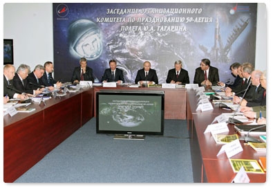 Prime Minister Vladimir Putin chairs a meeting of the Organising Committee to Prepare and Hold the 2011 Celebrations of the 50th Anniversary of Yuri Gagarin's Space Flight at the Mission Control Center