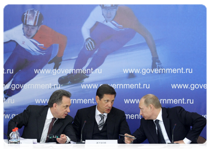 Prime Minister Vladimir Putin, Deputy Prime Minister Alexander Zhukov and Minister of Sports, Tourism and Youth Policy Vitaly Mutko at a meeting on Russia’s sport and fitness strategy through 2020 in Novogorsk, outside Moscow|17 january, 2011|20:44