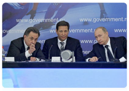 Prime Minister Vladimir Putin, Deputy Prime Minister Alexander Zhukov and Minister of Sports, Tourism and Youth Policy Vitaly Mutko at a meeting on Russia’s sport and fitness strategy through 2020 in Novogorsk, outside Moscow|17 january, 2011|21:04