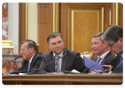 First Deputy Prime Minister Viktor Zubkov, Deputy Prime Minister and Chief of the Government Staff Vyacheslav Volodin and Deputy Prime Minister Sergei Ivanov at a meeting of the Government of the Russian Federation|20 january, 2011|19:26