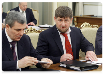 Head of the Republic of Kabardino-Balkaria Arsen Kanokov and Head of the Republic of Chechnya Ramzan Kadyrov at a meeting of the government commission on the socio-economic development of the North Caucasus Federal District|21 january, 2011|15:43