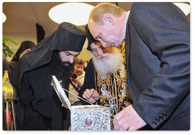 Prime Minister Vladimir Putin heads to Pulkovo Airport to meet the plane carrying the Belt of the Virgin Mary from the Vatopedi Monastery in Greece