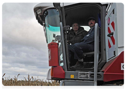 President Dmitry Medvedev and Prime Minister Vladimir Putin in the fields to see this year’s corn crops and try their hand at operating combine harvester|25 october, 2011|19:19