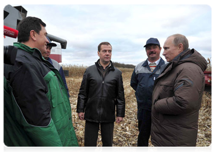 President Dmitry Medvedev and Prime Minister Vladimir Putin in the fields to see this year’s corn crops|25 october, 2011|19:19