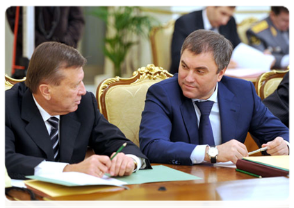 First Deputy Prime Minister Viktor Zubkov and Deputy Prime Minister and Chief of the Government Staff Vyacheslav Volodin at a Government Presidium meeting|10 november, 2011|17:40