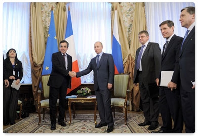 Prime Minister Vladimir Putin meets with French Prime Minister Francois Fillon during the 16th meeting of the Russian-French Commission on Bilateral Cooperation