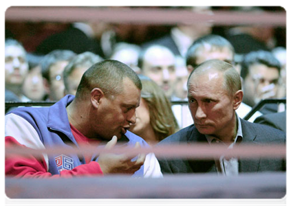 Prime Minister Vladimir Putin attends mixed martial arts matches at the M-1 Global tournament at Olimpiysky Sports Complex|20 november, 2011|18:43