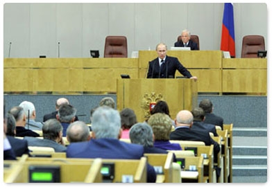 Prime Minister Vladimir Putin speaks at the closing plenary meeting of the State Duma