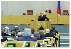 Prime Minister Vladimir Putin speaks at the closing plenary meeting of the State Duma