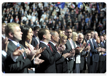 President Dmitry Medvedev and Prime Minister Vladimir Putin take part in the Conference of the United Russia Party|27 november, 2011|14:20