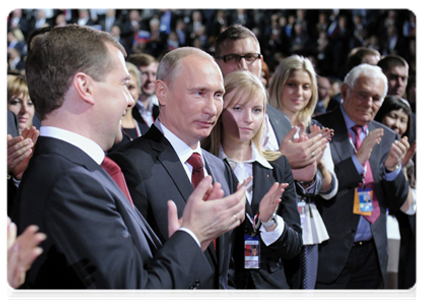 President Dmitry Medvedev and Prime Minister Vladimir Putin take part in the Conference of the United Russia Party|27 november, 2011|17:17