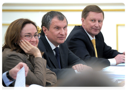 Minister of Economic Development Elvira Nabiullina, Deputy Prime Minister Igor Sechin and Deputy Prime Minister Sergei Ivanov at a meeting of the Government Commission on Monitoring Foreign Investment|28 november, 2011|18:45