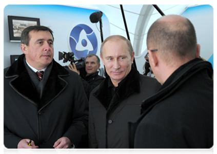 Prime Minister Vladimir Putin visits display stands featuring information on the Kalininskaya Nuclear Power Plant construction, prior to the commissioning ceremony of the plant's fourth unit|12 december, 2011|16:11