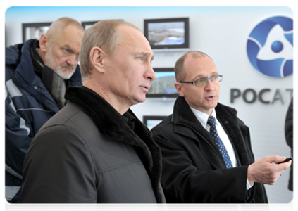 Prime Minister Vladimir Putin visits display stands featuring information on the Kalininskaya Nuclear Power Plant construction, prior to the commissioning ceremony of the plant's fourth unit|12 december, 2011|16:13