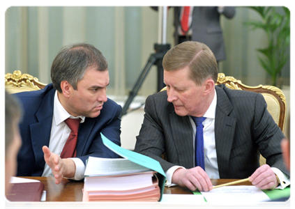 Deputy Prime Minister and Chief of Government Staff Vyacheslav Volodin and Head of the Presidential Executive Office Sergei Ivanov at a Government Presidium meeting|22 december, 2011|16:39