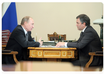 Prime Minister Vladimir Putin meets with Deputy Prime Minister and Chief of Government Staff Vyacheslav Volodin|3 december, 2011|12:39