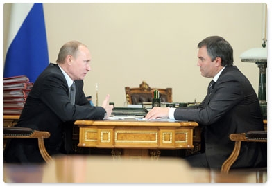 Prime Minister Vladimir Putin meets with Deputy Prime Minister and Chief of Government Staff Vyacheslav Volodin