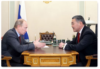 Prime Minister Vladimir Putin holds a working meeting with Alexei Orlov, head of the Republic of Kalmykia