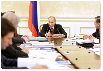 Prime Minister Vladimir Putin chairs a meeting to discuss various scenarios for Russia’s socio-economic development through 2030