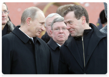 Prime Minister Vladimir Putin and President Dmitry Mevedev attend the wreath-laying ceremony at the Tomb of the Unknown Soldier in Alexander Garden|23 february, 2011|11:52